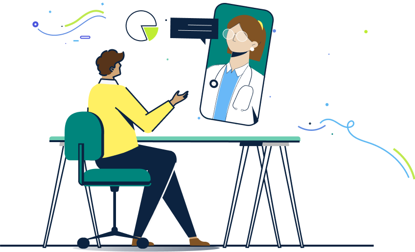 Illustration représentant un professionnel de santé en communication à distance avec un professionnel de santé (le support utilisé semble être un téléphone portable qui flotte dans l'air)